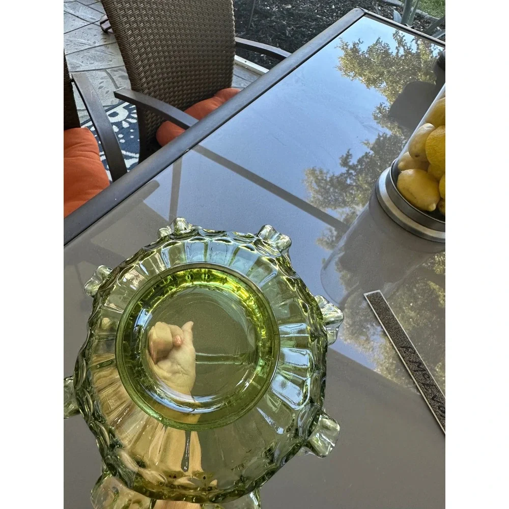 Vintage Fenton green Glass‎ Hobnail Basket Ruffled Edge Bamboo Handle Candy Dish